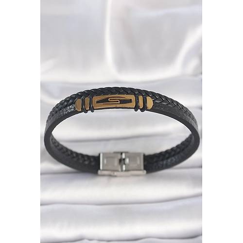 316L �elik Gold Renk Aksesuarl� �ift S�ra Siyah Burgu Desenli Deri Kordon Erkek Bileklik