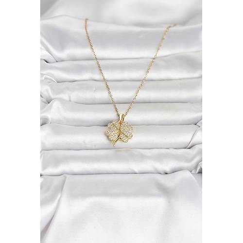 316L �elik Gold Renk A��labilir Yonca Model Zirkon Ta�l� Kad�n Kolye
