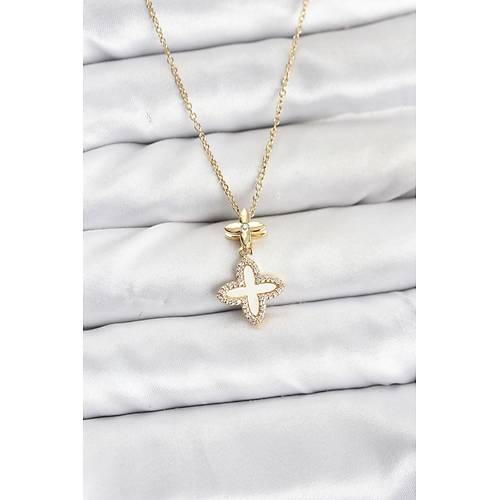 316L �elik Zincir Gold Renk 4 Yaprakl� Yonca Model Zirkon Ta�l� Kad�n Kolye