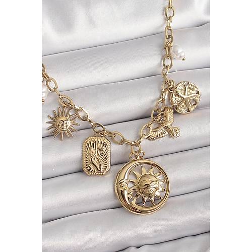 316L �elik Gold Renk Halka Zincir Sallant� Ay G�ne� Fig�r Ku� Detay Kad�n Kolye