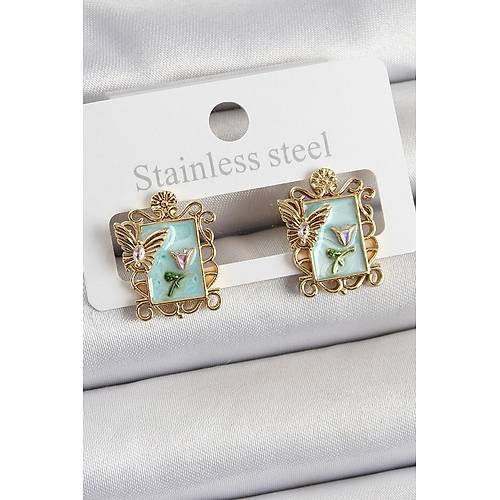 Pirin� Ye�il Mineli Sanatsal Portre Model Gold Renk Kad�n K�pe