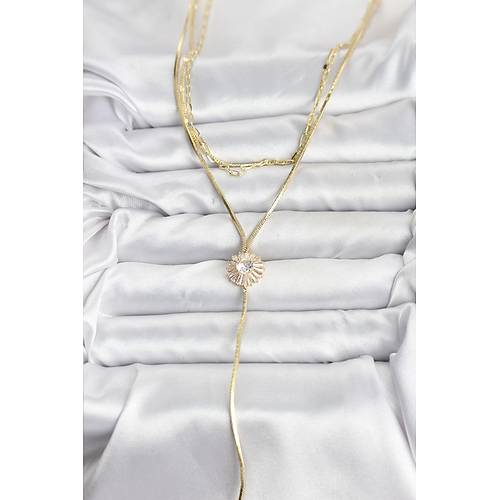 Pirin� Gold Renk Zirkon Ta�l� Papatya Model Detayl� 3'l� Kombin Y Kad�n Kolye