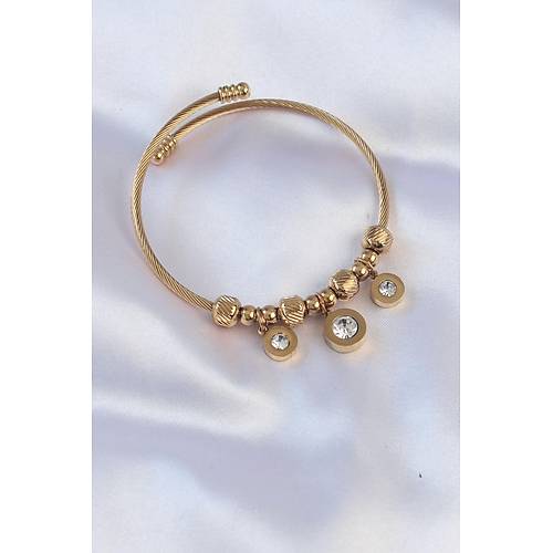 316L �elik Gold Renk Zirkon Ta�l� Model Charm Bileklik