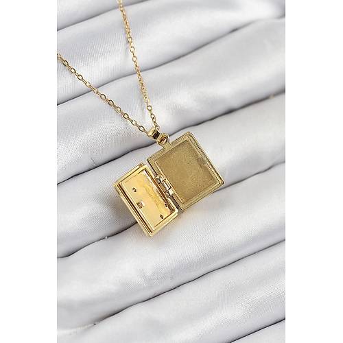 316L �elik Zirkon Ta�l� A��labilr Kapakl� Kitap Model Gold Renk Kad�n Kolye