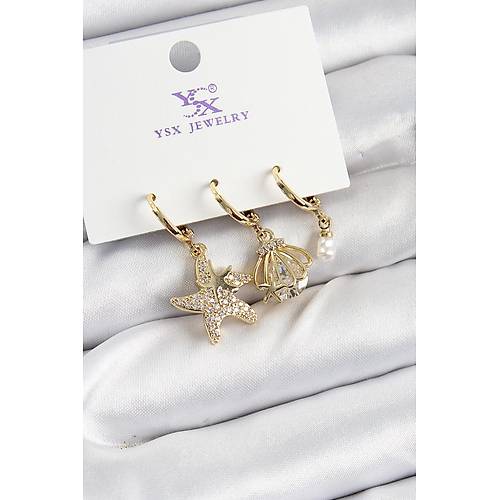 Pirin� Z�rkon Ta�l� Deniz Y�ld�z� Ve �stiridye Model Gold Renk 3'l� Kad�n K�pe