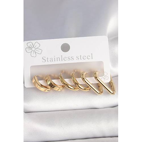 316L �elik Gold Renk ��gen Halka Model Kad�n K�pe Seti