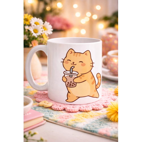 Sevimli Kedi Bubble Tea Tasar�ml� Porselen Kupa MODEL 192 � Boba �ay� ��en Kedi Kahve Kupas� � Kedi Severlere Hediyelik Kupa Bardak