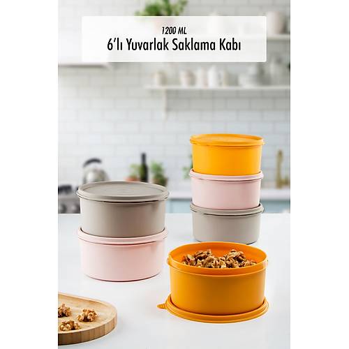 6 Adet Yuvarlak Saklama Kab� & Kahvalt�l�k (1200 ML)