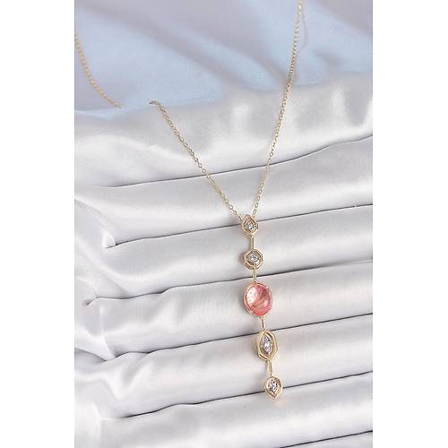 Pirin� Zincir Pembe Gold Renk Zirkon Ta�l� Y Kolye