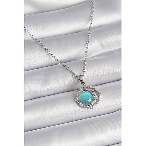 316L �elik G�m�� Renk Mavi Sedefli Hilal Model Kad�n Kolye