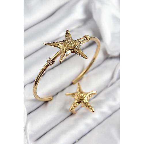 Pirin� Deniz Y�ld�z� Model Gold Renk Bileklik Y�z�k Set