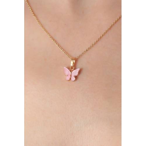 Gold Pembe Renk Kelebek Fig�r Kad�n Kolye