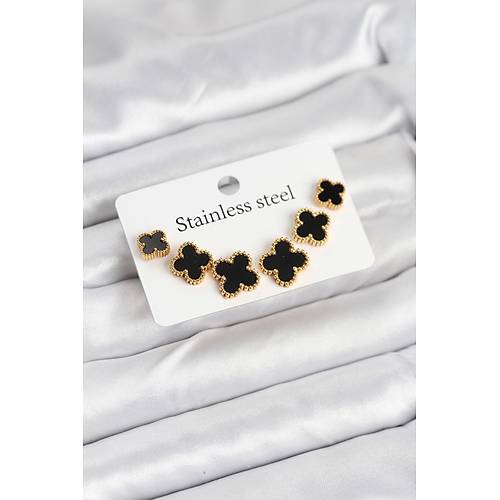 316L �elik Gold Siyah Renk 3 Boy Yonca K�pe Seti