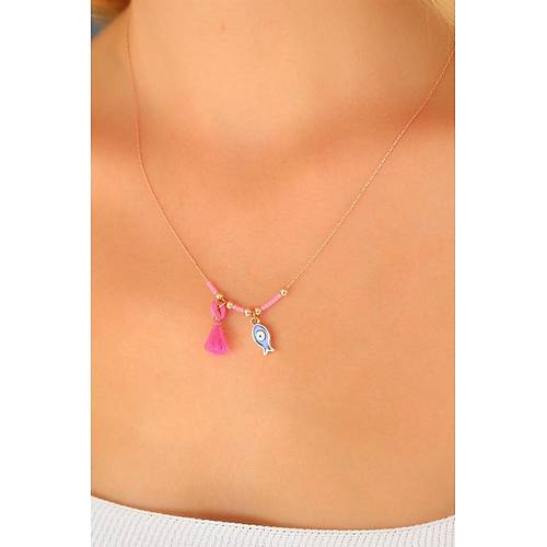 Nazar Boncuklu Pembe Renk Ta�l� Rose Bayan Kolye