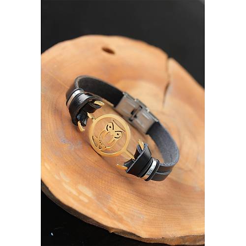 Gold Renk Bayku�lu Metal Aksesuarl� Siyah Renk Deri Erkek Bileklik