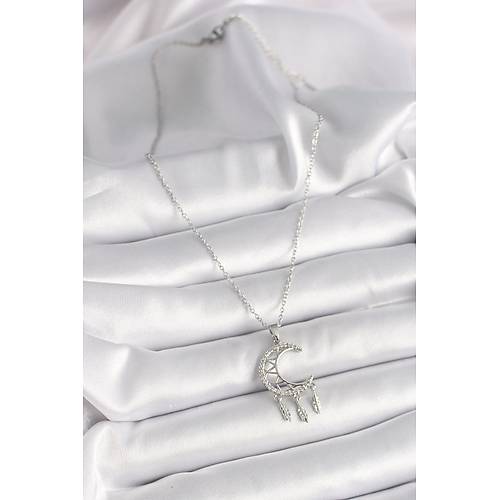 316L �elik G�m�� Renk Zincir Zirkon Ta�l� Hilal Model Sallant� Yaprak Detay Kad�n Kolye