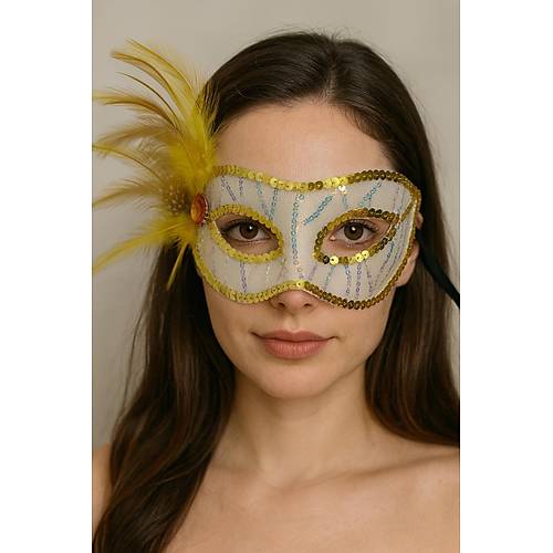Alt�n Renk Yandan T�yl� Pul Payet ��lemeli Parti Maskesi 23x12 cm