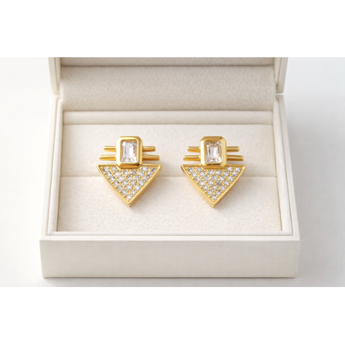 Serenay K�pe MODEL 7 � Geometrik Zirkon Ta�l� Gold Renk �elik K�pe, Kararma Yapmaz & Alerji Dostu