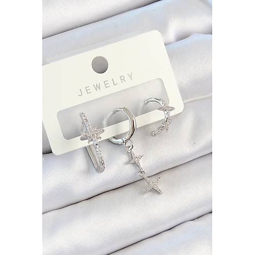 Pirin� Zirkon Ta�l� Kelebek Ve Sallant�l� Y�ld�z Model G�m�� Renk 3'l� �ift Kad�n K�pe Set