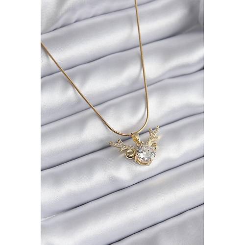 316L �elik Gold Renk Zirkon Ta�l� Boynuz Model Kad�n Kolye