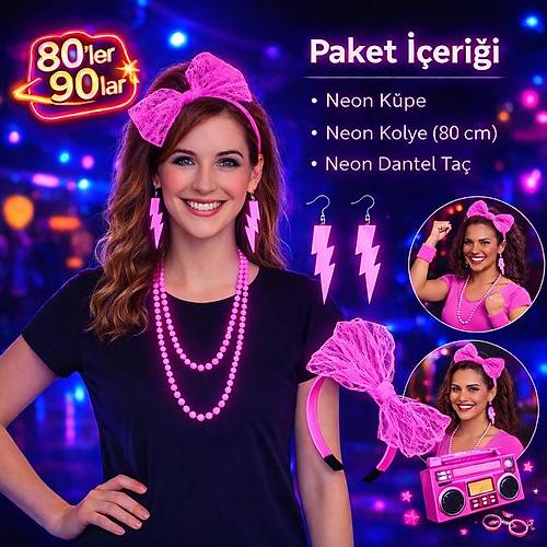 80�ler 90�lar Neon Pembe Parti Seti � Kolye K�pe Ta�