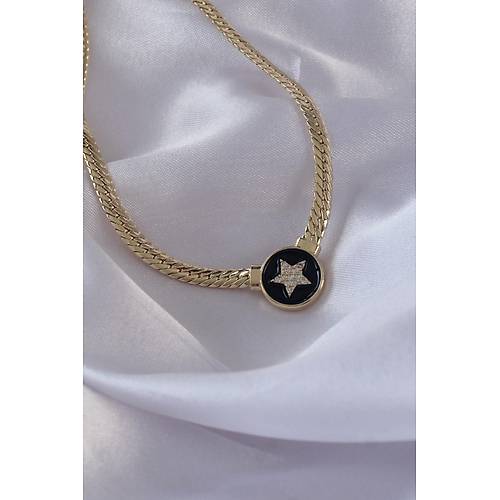 Pirin� Gold Renk Zirkon Ta�l� Y�ld�z Model Siyah Mineli Ezme Zincirli Serenay Kolyesi