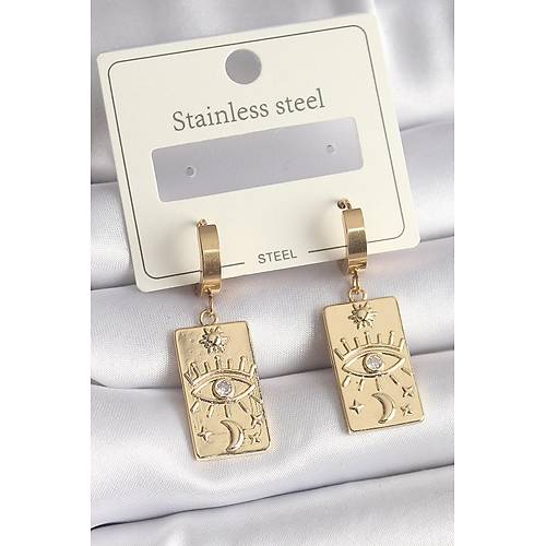 316L �elik Gold Renk Zirkon Ta�l� G�z ��leme Detay Plaka Model Kad�n K�pe