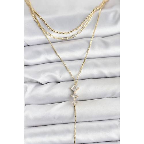 Pirin� Gold Renk Zirkon Ta� Detayl� 3'l� Kombin Y Kad�n Kolye