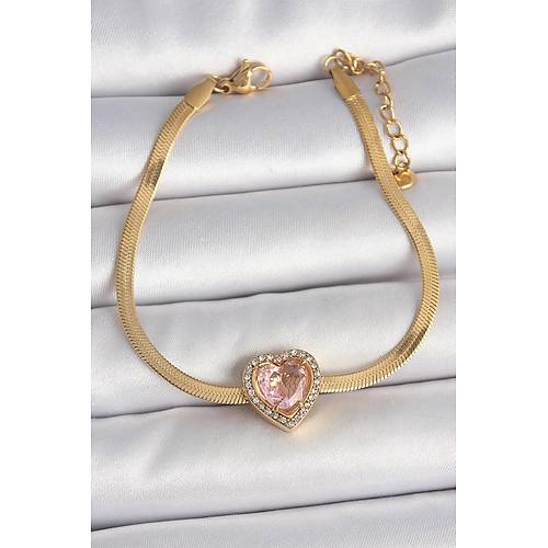 316L �elik Gold Renk �talyan Zincir Pembe Zirkon Ta�l� Kalp Model Kad�n Bileklik