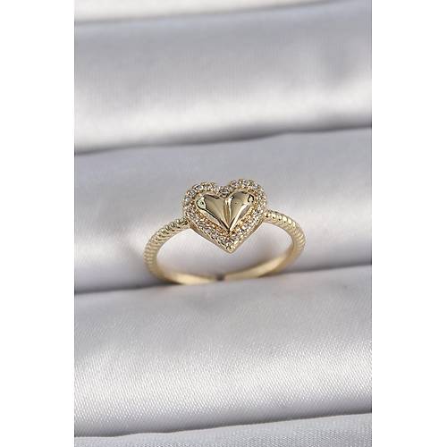 Pirin� Gold Renk Ayarlanabilir Zirkon Ta�l� Kalp Model Kad�n Y�z�k