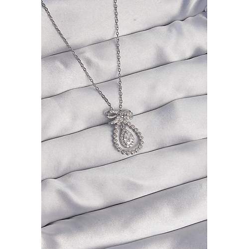 316L �elik G�m�� Renk Fiyonk Detayl� Zirkon Ta�l� Damla Model Kolye