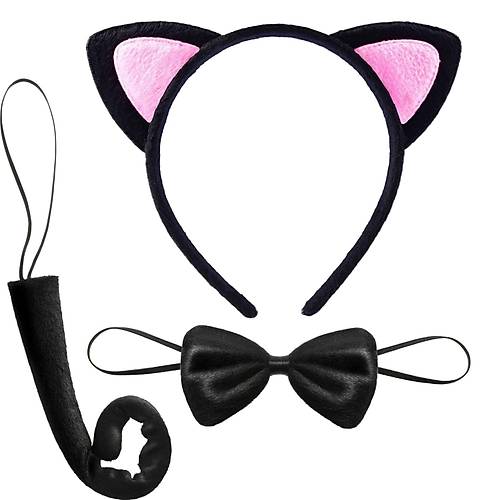 Kedi Kulak Ta� Kuyruk ve Papyon 3 l� Set �ocuk Boy Pembe Renk
