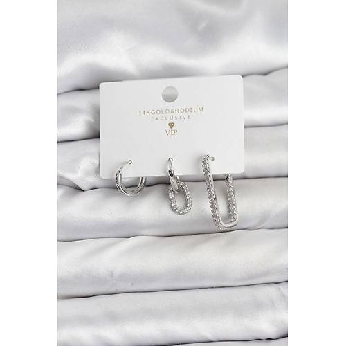 G�m�� Renk Zirkon Ta�l� 3'l� Kad�n K�pe Seti