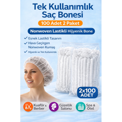 Tek Kullan�ml�k Sa� Bonesi 100'L� 2 Paket Nonwoven Lastikli Hijyenik Bone Toplam 200 Adet