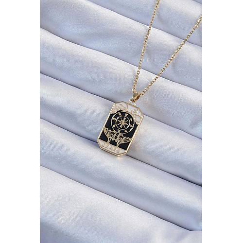 316L �elik Zincir Alt�n Renk ��lemeli Siyah Mineli Tarot Kolye