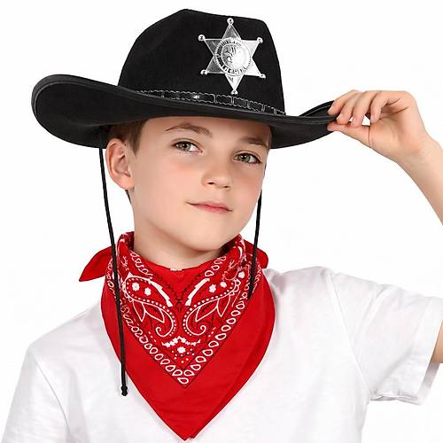 �ocuk Kovboy �apka Rozetli Siyah & K�rm�z� Bandana Fular Seti