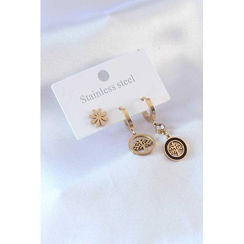 316L �elik Gold renk A�a� Model �i�ek Detay Zirkon Ta�l� Kad�n K�pe