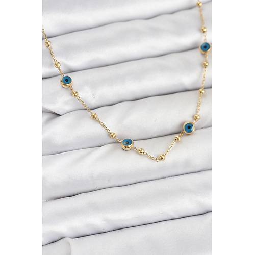 316L �elik Gold Renk Nazarl� ve Top�uklu Model Kad�n Kolye