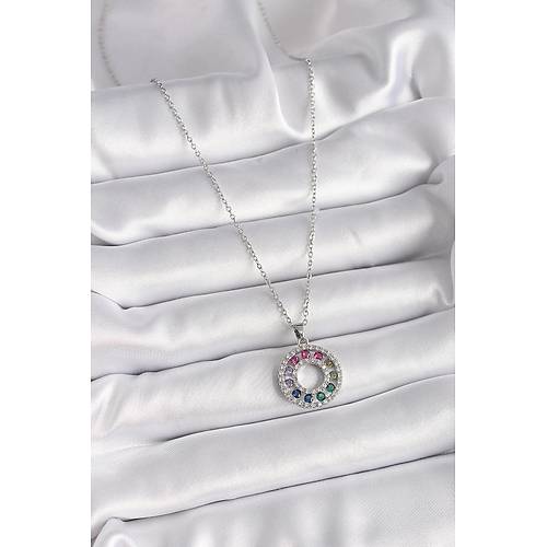 316L �elik G�m�� Renk Zincir Renkli Zirkon Ta�l� Madalyon Model Kad�n Kolye