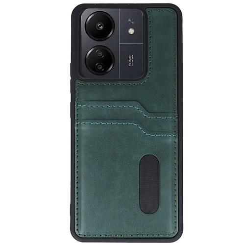Redmi 13C K�l�f Sara Kartvizitli Deri K�l�f - Koyu Ye�il