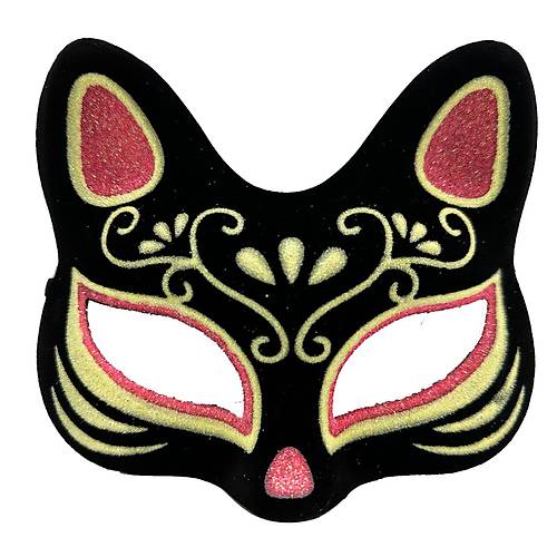 Siyah Renk S�et Kaplama �zeri K�rm�z� Sar� Simli Kedi Maskesi 17x14 cm