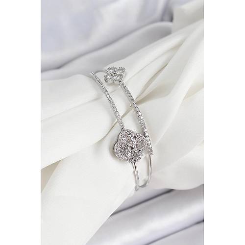 Pirin� G�m�� Renk Zirkon Ta�l� Yonca Model 2'li Kad�n Bileklik