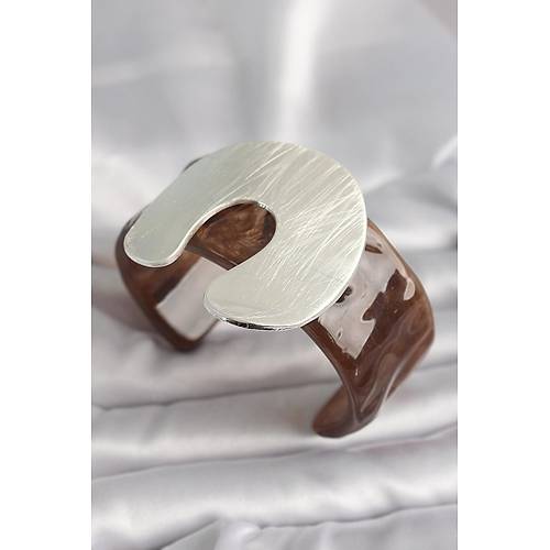 Kahverengi Mermer Desen Akrilik Plastik G�m�� Plaka Model Vintage Kad�n Bilezik