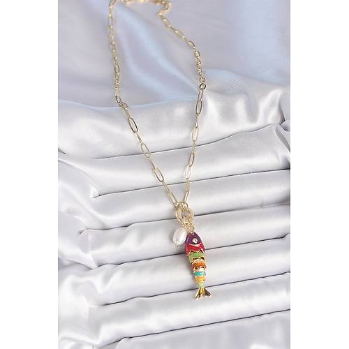 �nci Detayl� Zirkon Ta�l� Rainbow Bal�k Fig�rl� Gold Renk Pirin� Kolye