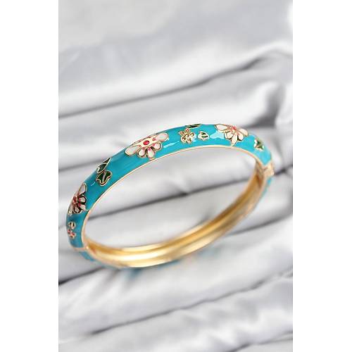 Mineli Pirin� Mavi �i�ek Motifli Gold Kad�n Kelep�e