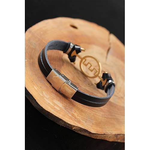 Gold Renk Metal Labirent Tasar�m Siyah Renk Deri Erkek Bileklik