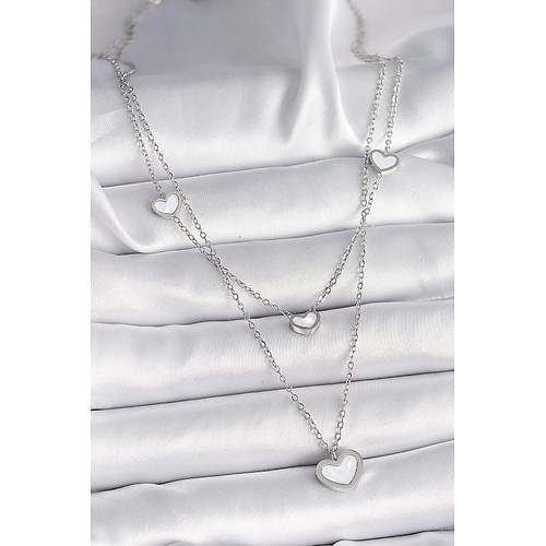 316L �elik G�m�� Renk Zincir 2'Li Zincir Kalp Model Kad�n Kolye