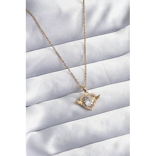 316L �elik Gold Renk Zincir Zirkon Ta�l� Kalp Model Kad�n Kolye