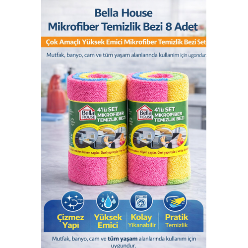 Bella House Mikrofiber Temizlik Bezi 8 Adet (4'l� 2 Rulo) �ok Ama�l� Y�ksek Emici Mikrofiber Temizlik Bezi Seti