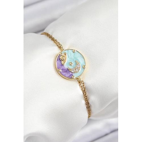 316L �elik Zincir Mineli Sanatsal Portre Zirkon Ta�l� Gezegen Model Gold Renk Kad�n Bileklik